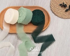 Green Ribbon 1 Inch x 3 Rolls Total 24 Yards Handmade Ivory/Sage/Forest Green