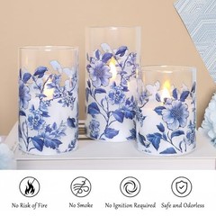 Flameless Candles Glass with Remote Control & Timer Blue and White Porcelain