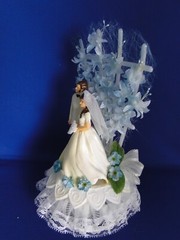New Vintage Bride & Groom in white coat Wedding Caketop in Blue #267