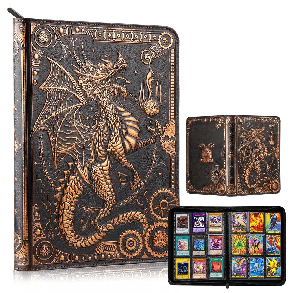 Card Binder 9 Pocket, 3D PU Leather Album with Zipper, 360 Side Loading Pocke…