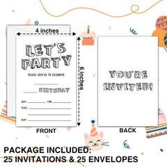 Black and White Birthday Invitations, 25 Double-Sided Invitation Cards with 2…