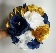 Navy Blue White Gold Rose Bridal Wedding Bouquet Accessories