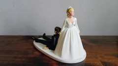Wedding Cake Topper Figurine Funny Bride Dragging Reluctant Groom Shot Gun Blond