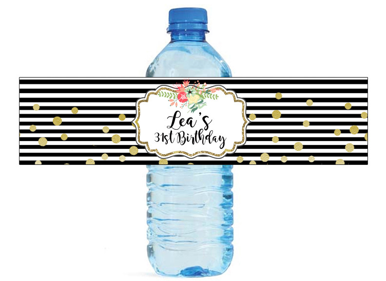 Black and White stipes w gold dots confetti Wedding Birthday Water Bottle labels