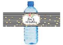 Black and White stipes w gold dots confetti Wedding Birthday Water Bottle labels