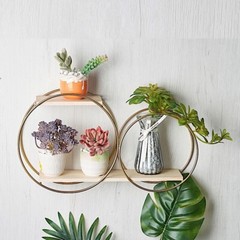 Gold Natural 2 Tier Round Metal Wood Geometric Floating Shelf Decorations