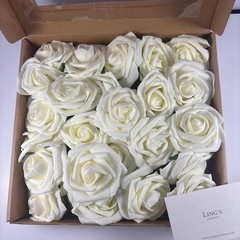 25 Ling’s Moment Artificial Foam Ivory Roses With Stems & Leaves Flowers NOB