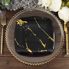 10 BLACK GOLD Square Metallic Marble Plastic Salad DINNER PLATES Party Tableware