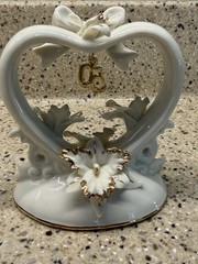 Golden 50th Wedding Anniversary Cake Topper Heart Porcelain Gold Accents Flowers