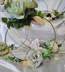 6 Pc Wedding Table Centerpieces, Green, Ivory, Round, Circle, Gold, Wood