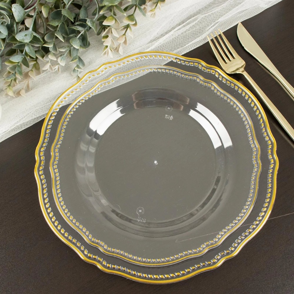 CLEAR 10 Round 9″ Plastic DINNER PLATES Gold Scalloped Rim Party Decorations