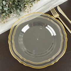 CLEAR 10 Round 9″ Plastic DINNER PLATES Gold Scalloped Rim Party Decorations
