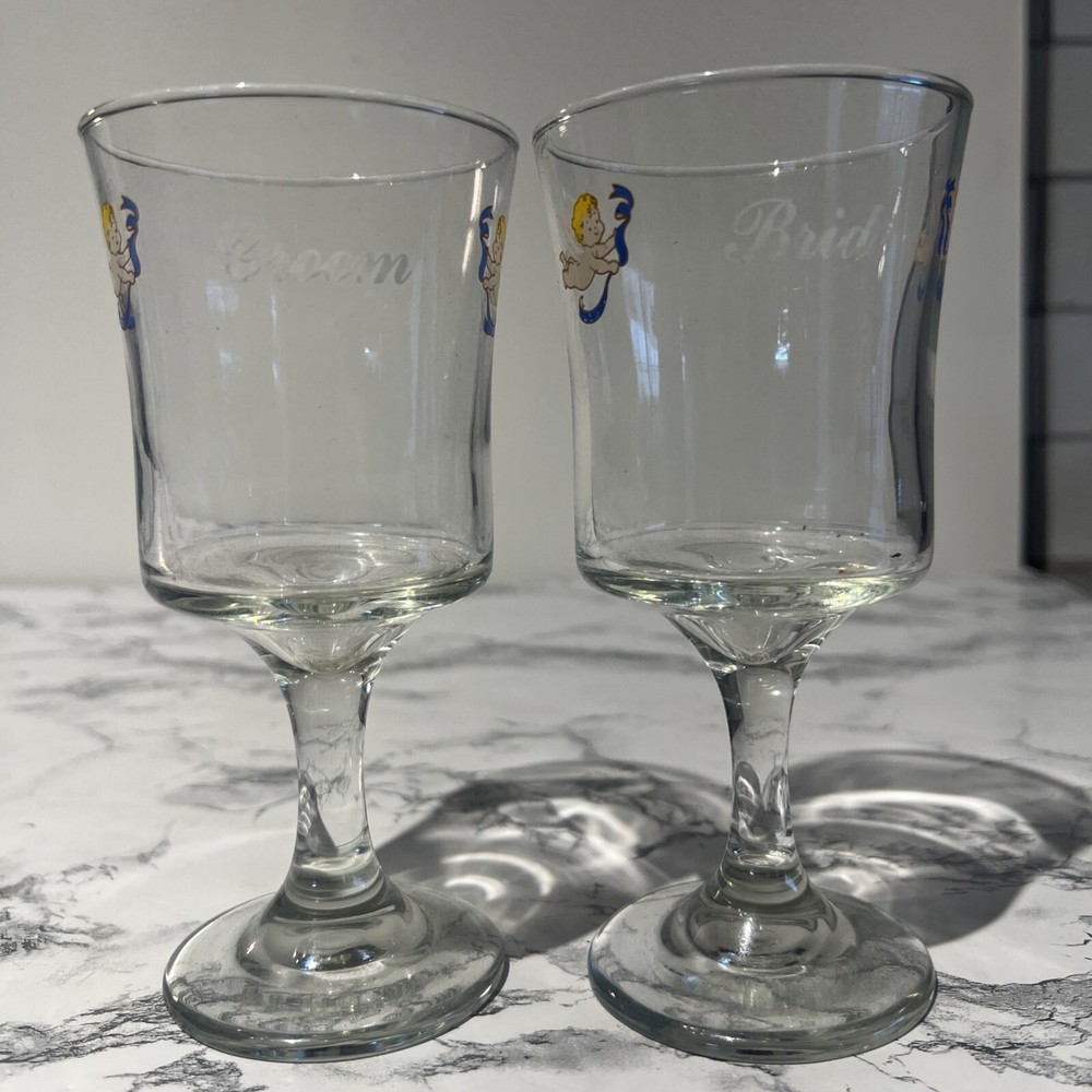 Vintage Bride And Groom Goblet Glasses Cherubs Retro Cupid Wedding Anniversary