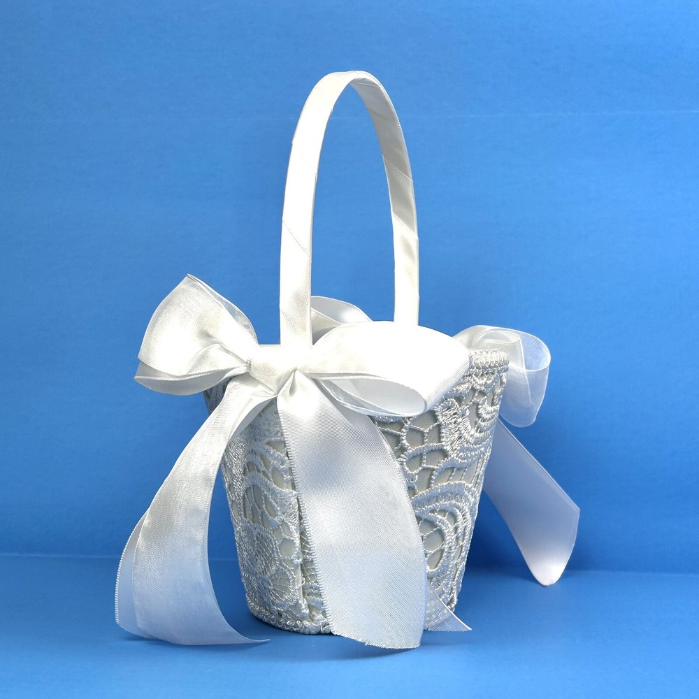 White Flower Girl Wedding Small Basket Lace~Padded~Ribbons Special Occasion