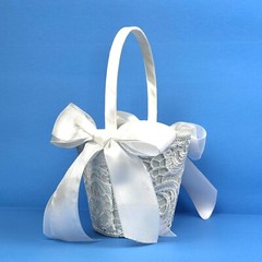 White Flower Girl Wedding Small Basket Lace~Padded~Ribbons Special Occasion