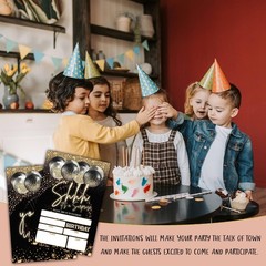 Shhh It’s a Surprise Birthday Invitations, Black Gold Balloon Birthday Party …