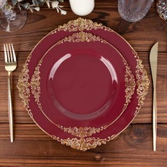 10 BURGUNDY GOLD 8″ Round Plastic Salad Dinner PLATES Embossed Baroque Rim Party