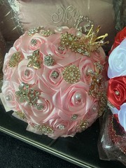Artificial Rose Flower Bouquet Pink Gold Wedding Gold Crown Pearl Accents