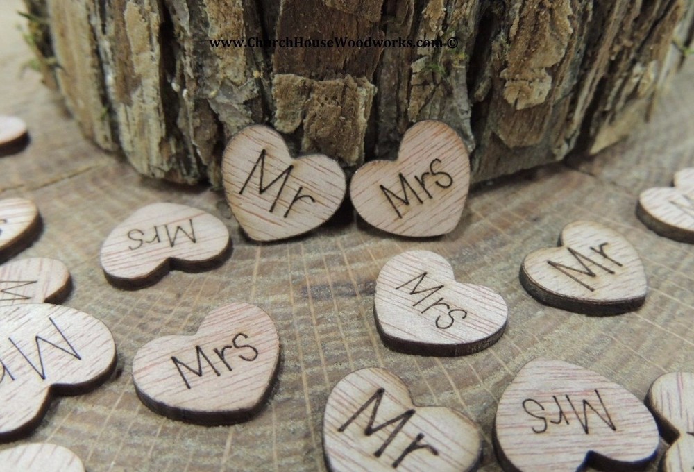 100 Mr and Mrs wood hearts rustic wedding, venue decor, confetti, invitation USA