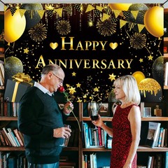 Happy Anniversary Decorations Kit – 5.9×3.6Ft Banner & 18PCS Black, Gold