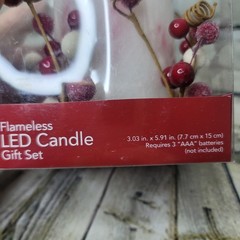 Flameless LED Candle White w Candy Canes and Holly Berries Winter Christmas