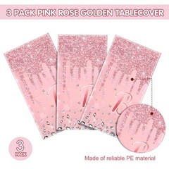 Pajean 3 Pcs Tablecloths Glitter Diamond Table 54″ x 108″, Pink and Rose Gold