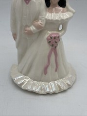 Vtg 1950’s Wedding Cake Topper 7” Bride & Groom Ceramic Iridescent Dress Pink