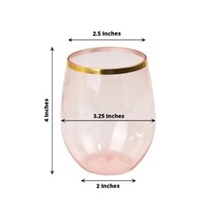 12 pcs 14 oz BLUSH with GOLD Rim Stemless Plastic Wine Glasses Party Supplies