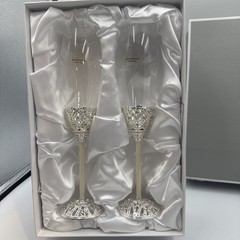 NEW Things Remembered Set Of Champagne Toast Flutes Rhinestones Silver Classic