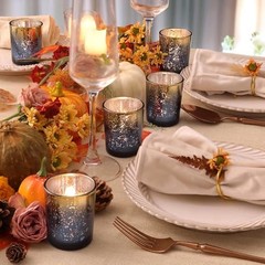 Navy Votive Candle Holders Set of 12, Speckles Mercury Glass Navy Blue+gold