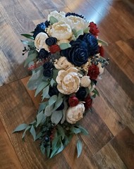 Burgundy White & Navy Blue Cascading Bridal Bouquet Made of Wood Wedding Flowers