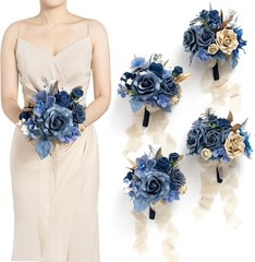 Ling’s Moment Blue and Gold Bridesmaid Bouquet Set of 4, Lilac Wedding Bouqu…