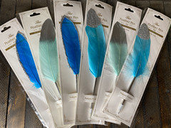 6 Pk Feather Teal & Blue Decorated Ballpoint Pens Black Ink Guest Book Wedding