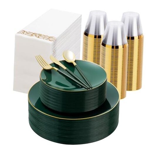 3Pieces Gold Plastic Dinnerware Set, Gold Disposable Plates for Party, 50 Green
