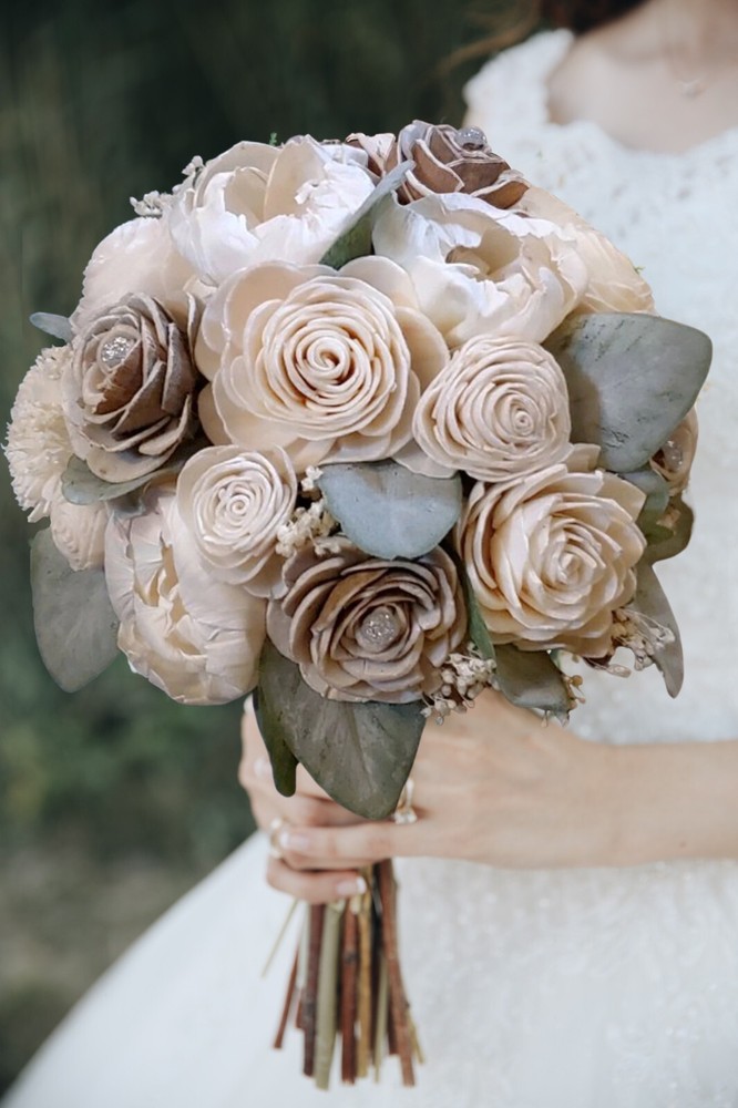 Natural Cream Bridal Bouquet Bark Skin Sola Wood Bridesmaid Beige Wedding Flower