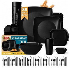 88-piece With Flatware Plastic Kitchen Wheat Straw Square Dinnerware Set Black