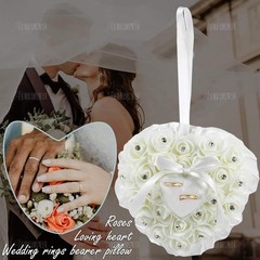White Wedding Ring Holder Pillow Heart Shape Lace Rose Flower Rhinestone Crys…