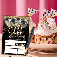 Shhh It’s a Surprise Birthday Invitations, Black Gold Balloon Birthday Party …