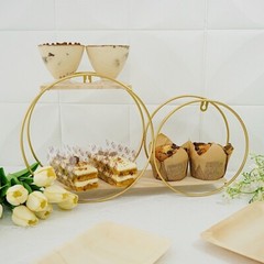 Gold Natural 2 Tier Round Metal Wood Geometric Floating Shelf Decorations