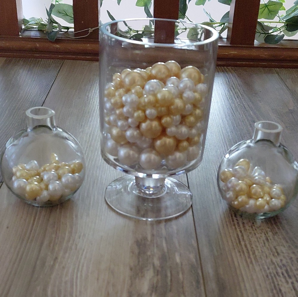 Clear Glass Vase w/ Gold & White Pearl Beads Wedding Centerpiece Decor