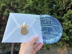 50 pieces; Floral acrylic wedding invitation. Parchment envelope. Wax seal