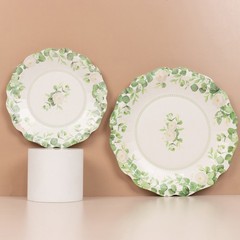 25 White Green Floral Greenery Dessert Paper Plates with Scalloped Edge