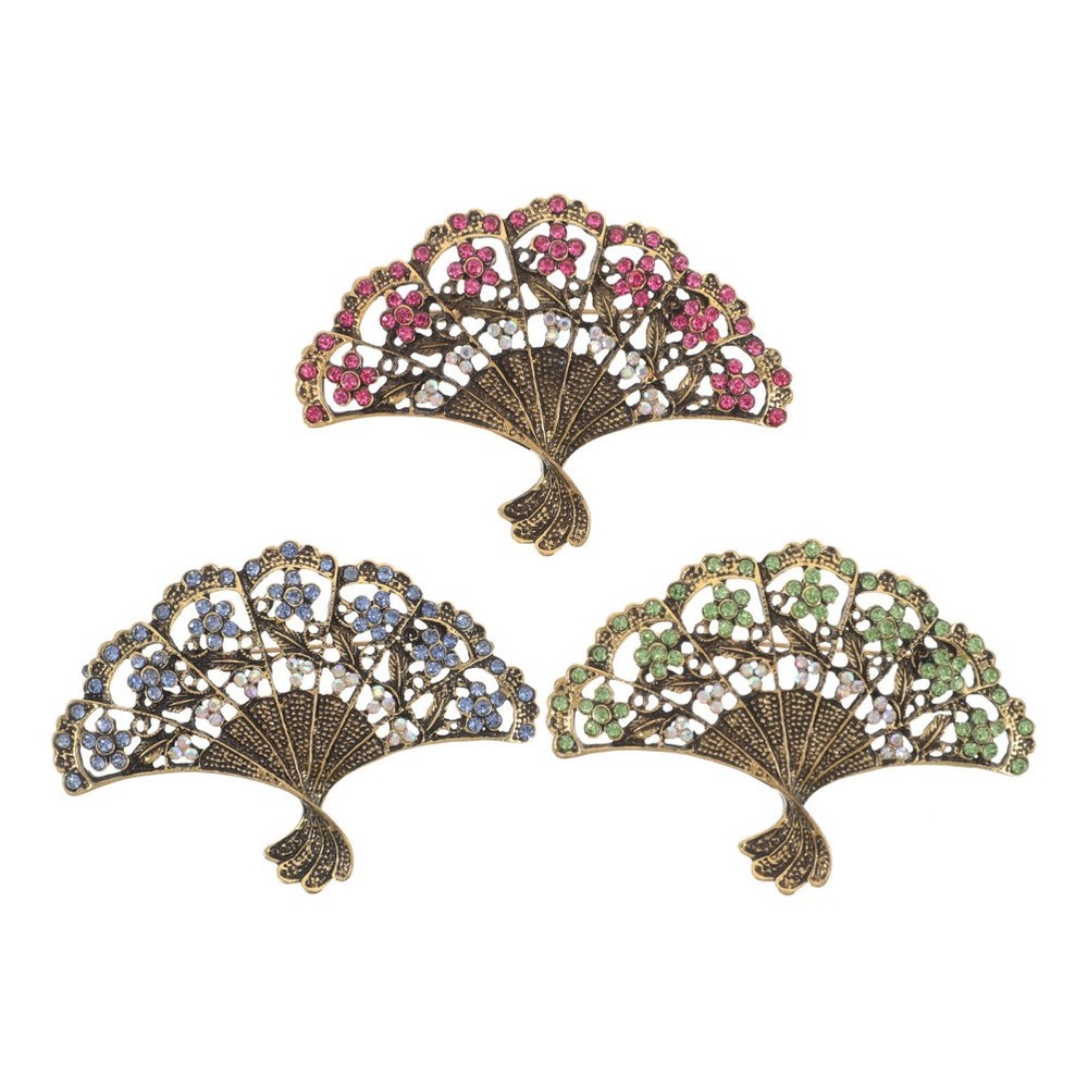 3Pcs Chinese Fan Brooch Pins Multi Color Zinc Alloy for Wedding and Party