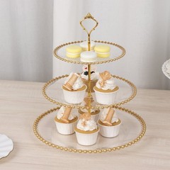 Clear Gold 3-Tier 14″ Round Plastic Cupcake Tower Stand Beaded Rim Party Events