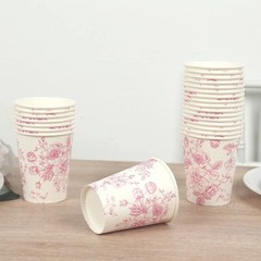 24 WHITE PINK 9 oz Disposable PAPER CUPS French Toile Pattern Party Supplies