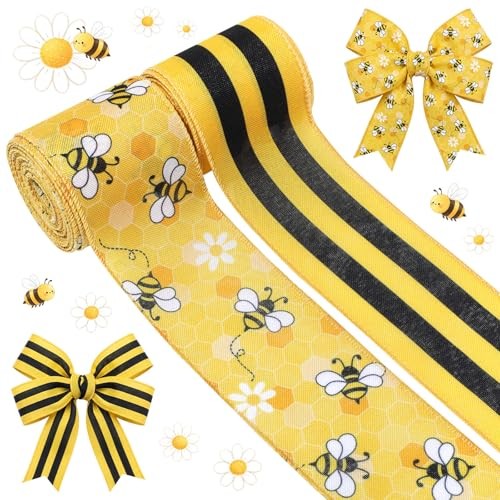 2 Rolls 10 Yards Bee Wired Edge Ribbon 2.5 Inch Bumble Bee Honeycomb Daisy