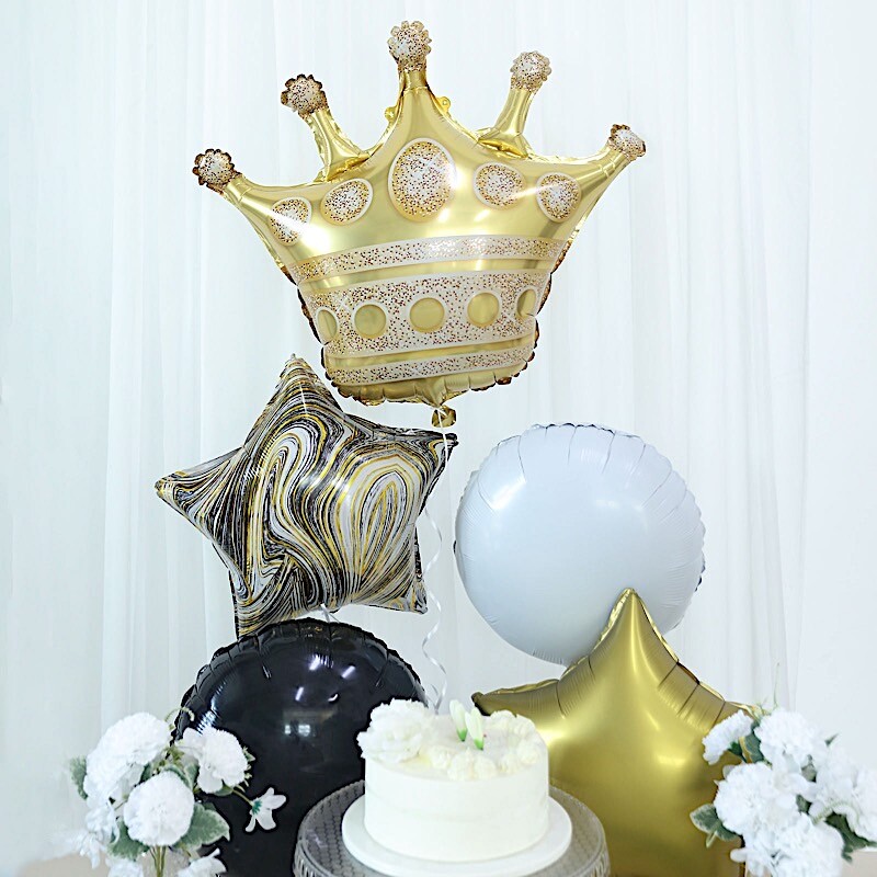 6 Gold Black White Round Crown Stars Mylar Foil BALLOONS Set Party Decorations
