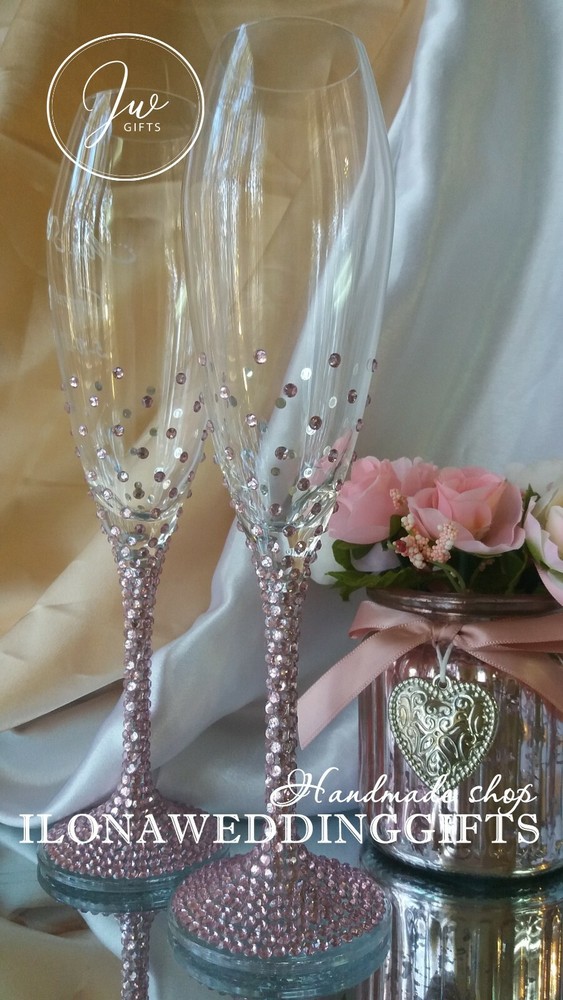 Swarovski Crystal Personalized Wedding Champagne Toast Glass Flute Blush Sparkle