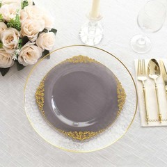 10 TRANSPARENT BLACK GOLD 10″ Round Plastic Salad Dinner PLATES Embossed