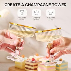 20 Pack Plastic Champagne Tower, 7oz Champagne Coupe glasses Unbreakable Gold